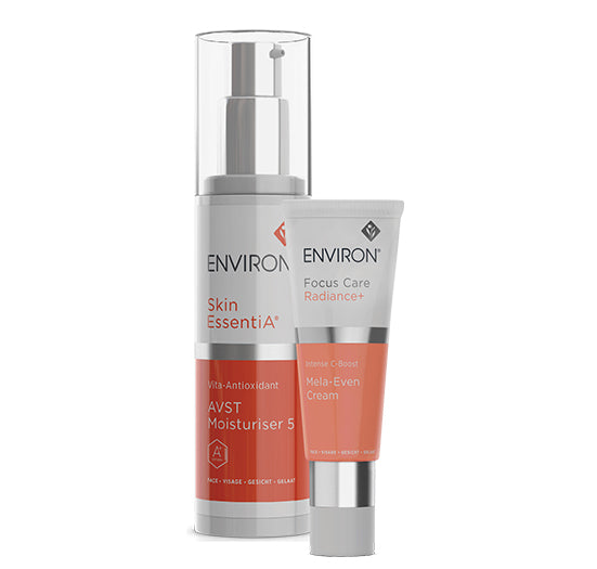 Environ Skin EssentiA Vita-Antioxidant AVST Moisturiser 5 and Focus Care Radiance+ Mela-Even Cream stand together against a clean white background.