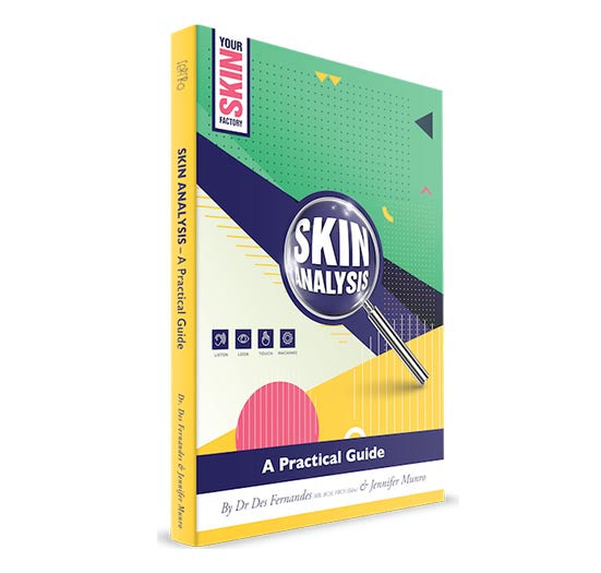 The book cover for "Skin Analysis – A Practical Guide" by Dr. Des Fernandes and Jennifer Munro features a magnifying glass icon and colorful geometric patterns.