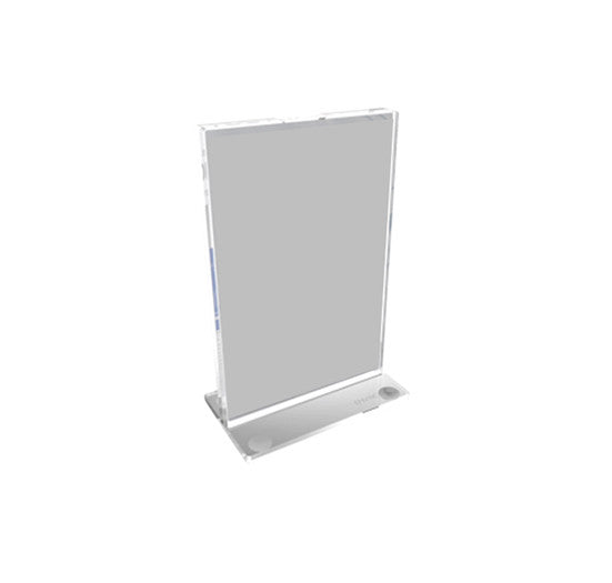 A clear acrylic vertical sign holder stands upright on a flat base to display menus or marketing materials.