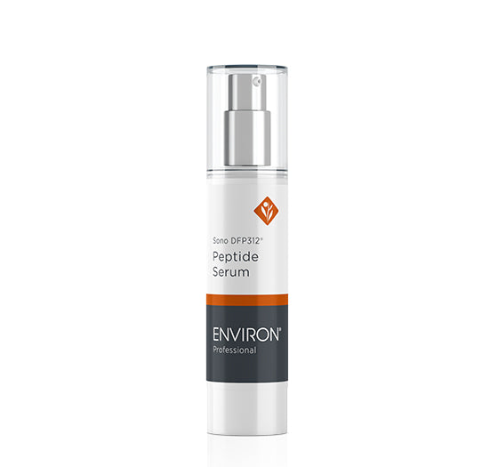 A sleek pump bottle of Environ Professional Sono DFP312 Peptide Serum stands against a clean white background.
