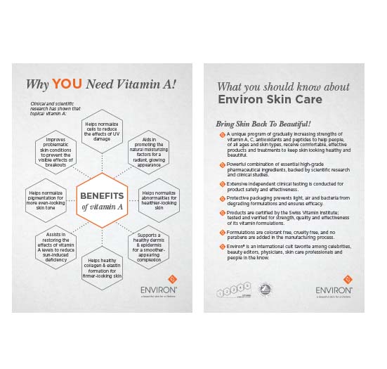 An informational infographic by Environ highlights the skin health benefits of Vitamin A and explains the brand's scientific approach to professional skincare.