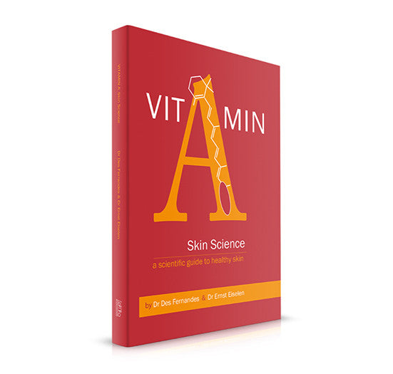 A red book titled Vitamin A Skin Science by Dr. Des Fernandes and Dr. Ernst Eiselen provides a scientific guide to achieving healthy skin.
