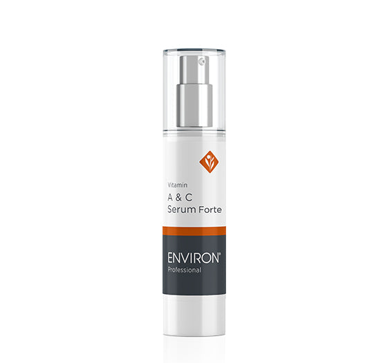 Environ Professional Vitamin A &amp; C Serum Forte stands in a sleek white pump bottle against a clean white background.