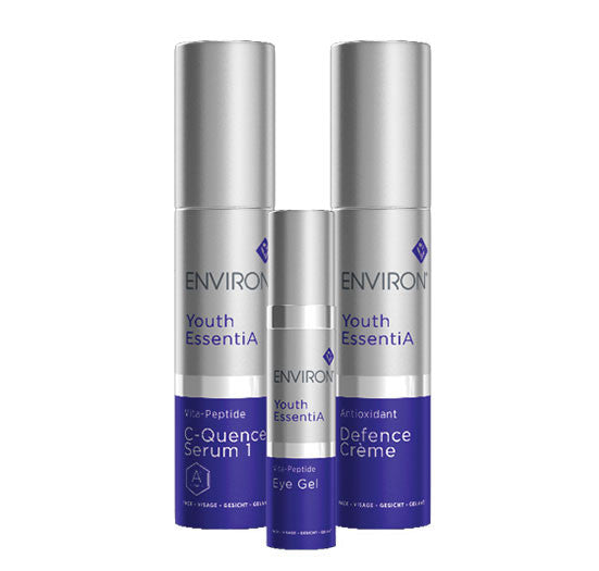 A trio of Environ Youth EssentiA skincare products showcases the Vita-Peptide C-Quence Serum 1, Eye Gel, and Antioxidant Defence Crème.