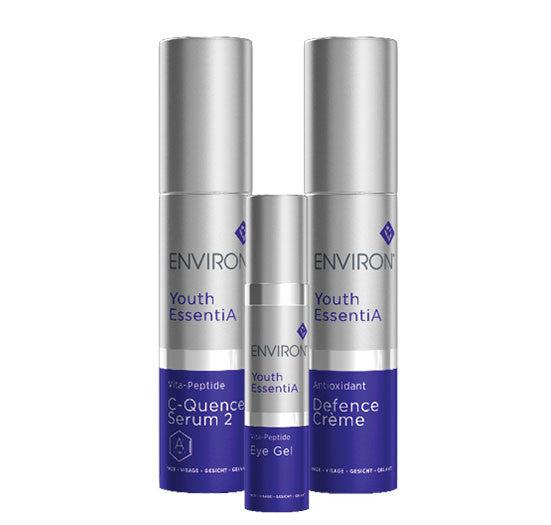 A trio of Environ Youth EssentiA skincare products features the Vita-Peptide C-Quence Serum 2, Vita-Peptide Eye Gel, and Antioxidant Defence Crème.