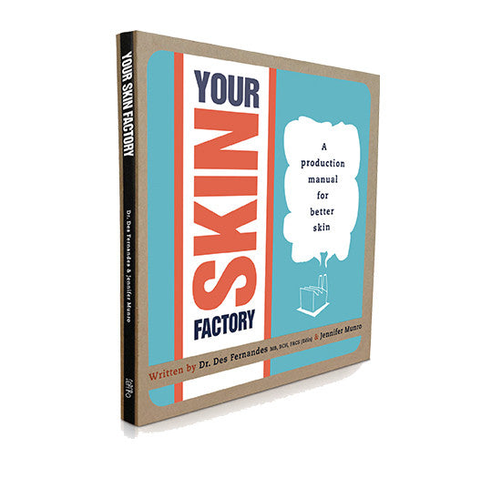 A copy of the skincare book "Your Skin Factory" by Dr. Des Fernandes and Jennifer Munro stands at an angle, showcasing its turquoise and orange production manual cover.