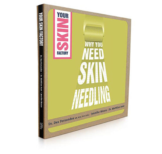 The book Your Skin Factory: Why You Need Skin Needling by Dr. Des Fernandes features a lime green cover with a derma roller illustration.