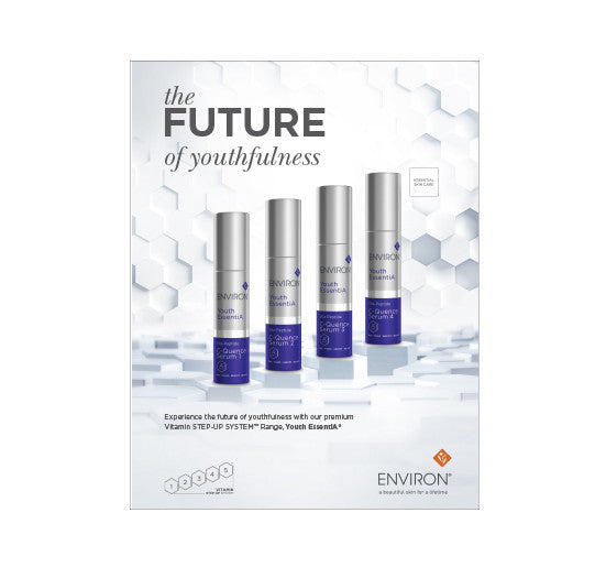 Four bottles of Environ C-Quence Serum from the Youth EssentiA range stand in a progressive row against a sleek, white hexagonal background.
