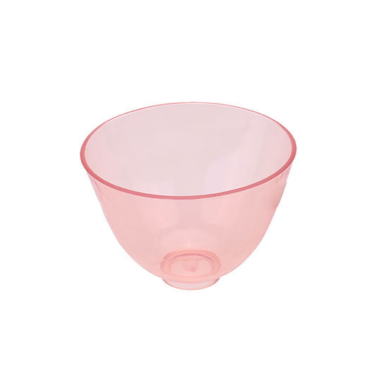 A translucent pink plastic mixing bowl rests on a plain white background.